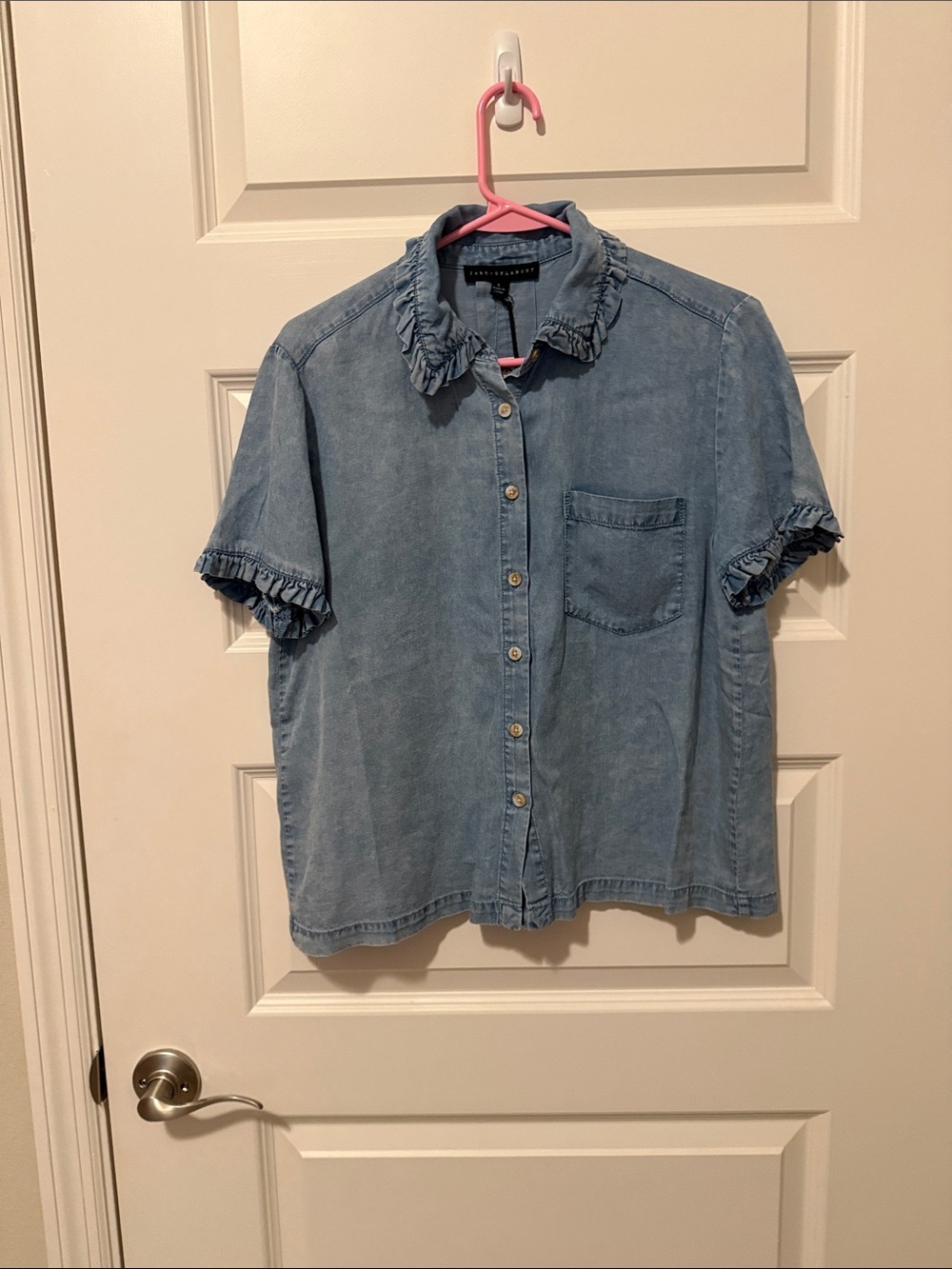 Jane and Delancey Light Blue Denim Ruffle Collar Button-Down